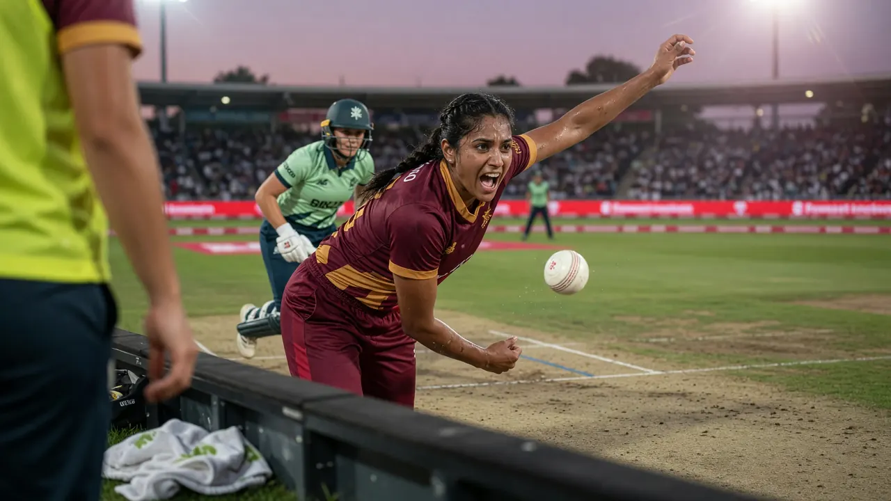Close sideline action of a batter driving through the off side during a women's 100-ball match under stadium lights