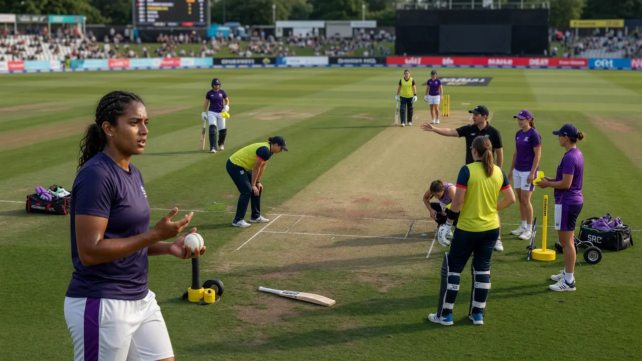 Medium view of players and fielders setting positions on a green cricket ground with stadium seating in the background
