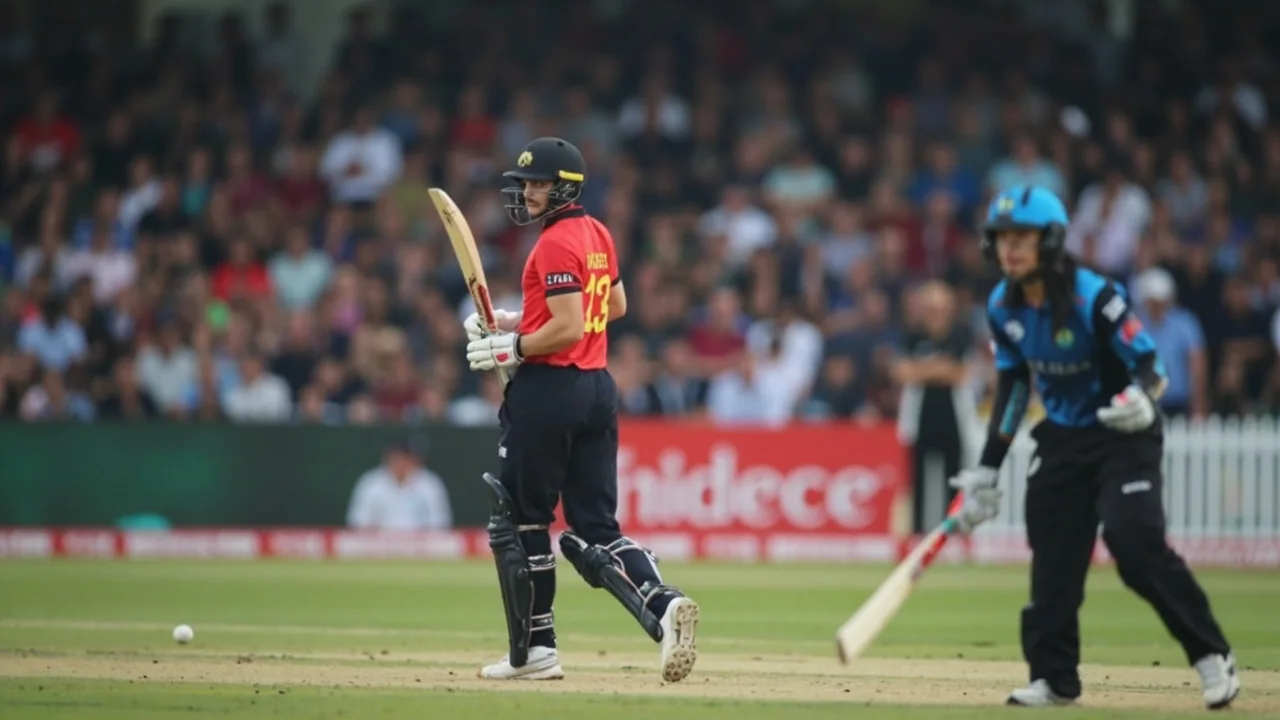 Tight sideline action frame of a batter in stance during a 100-ball match, illustrating the captain pick role read in the WEF-W vs TRT-W Match 11 preview